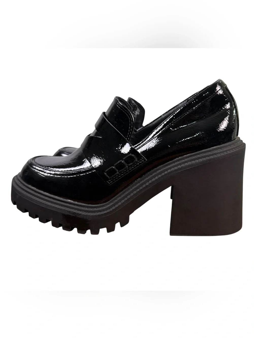 A New Day Black Patent Platform Loafers Size 9 Chunky Lug Sole Block Heel